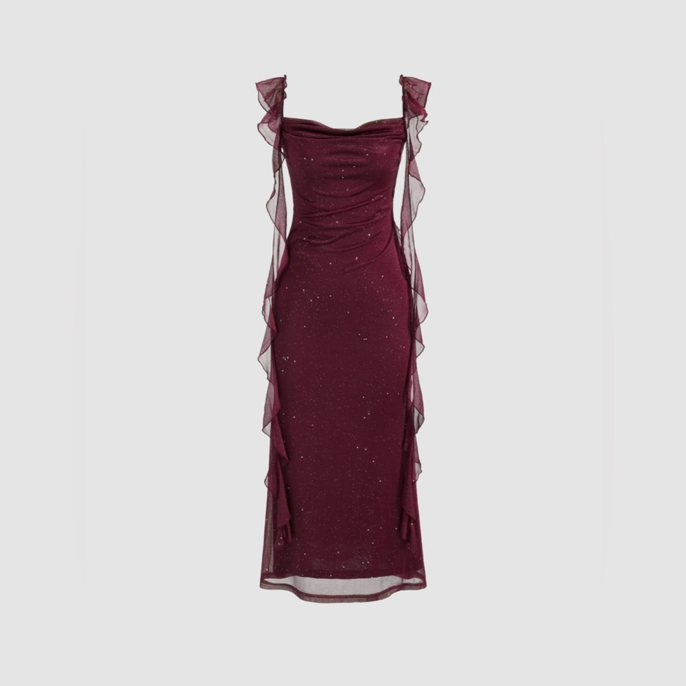 Cider Burgundy Midi Dress with Ruffle Detail
